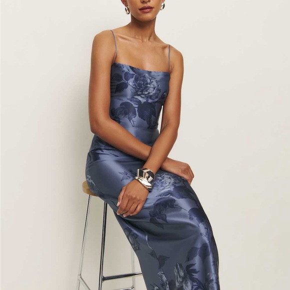 Reformation Frankie Silk Dress Trieste Border Brand New - Picture 5 of 10